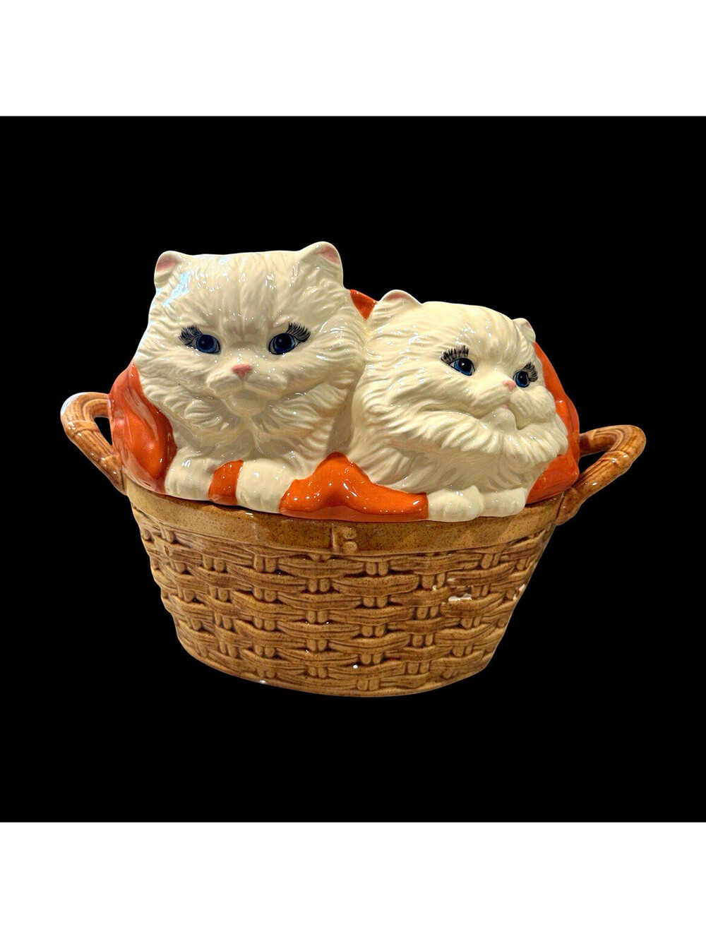 Ceramic Two White Kittens in Wicker Basket Figurine “Happy Birthday Grandma”